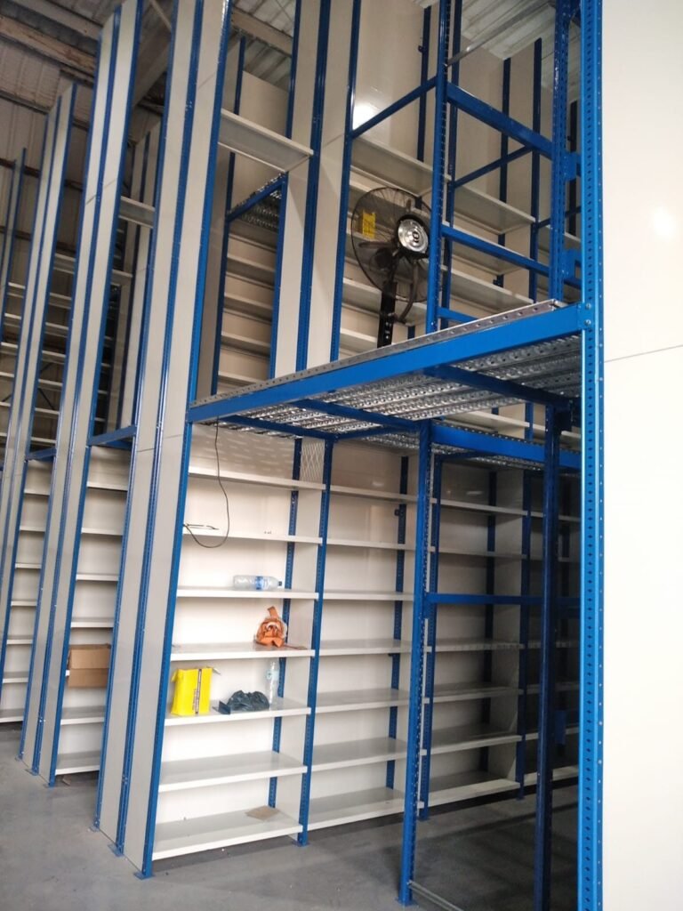 Mezzanine shelving system with walkway in Dubai
